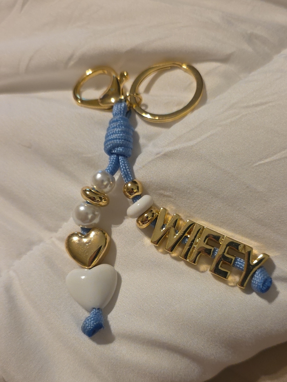 Gold 'WIFEY' Charm Keychain with Blue Cord and Heart Beads